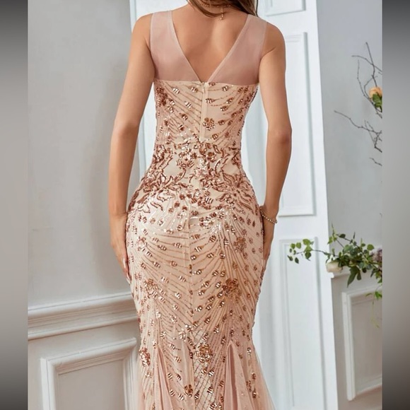 Luxe champagne contrast mesh slit thigh party formal evening bridesmaids dress - Picture 3 of 7